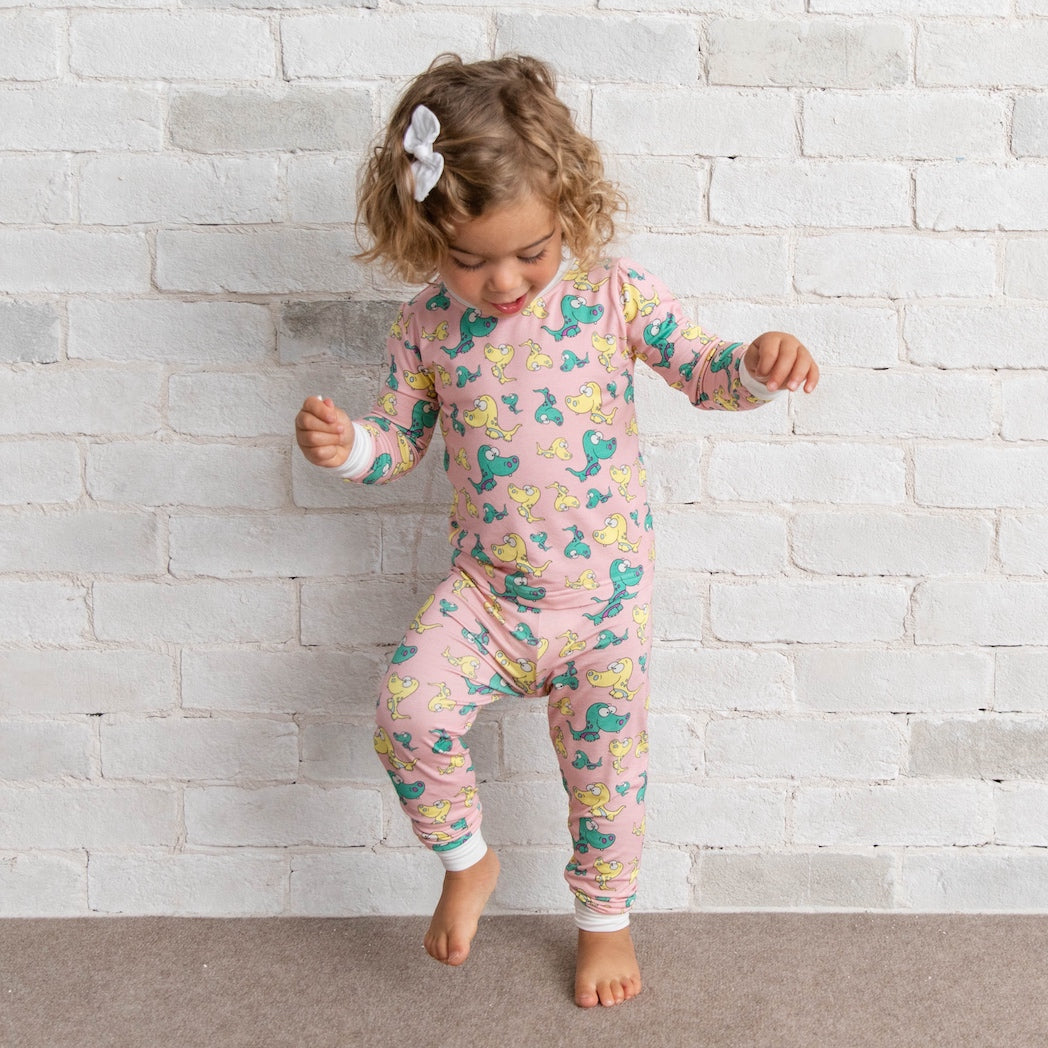• Toddler Toothed Pink Dino • ‘Sleep Tight’ Toddler Two-Piece Bamboo Pajama and Playtime Set - Tegan & Ollie 